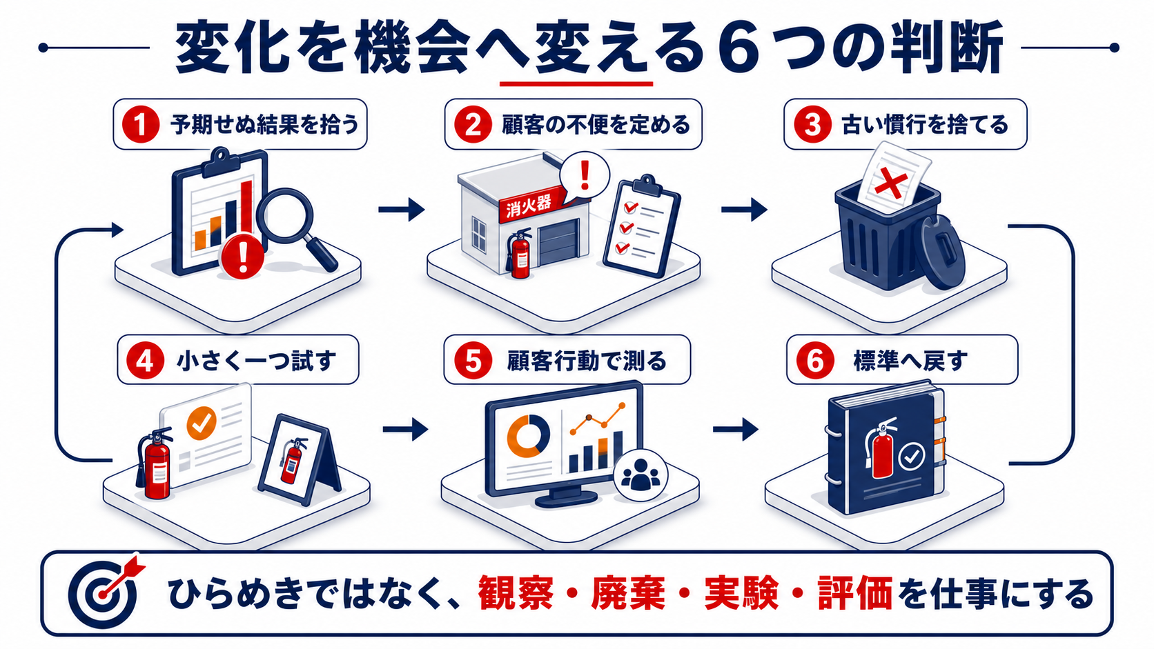 変化を機会へ変える６つの判断を示すインフォグラフィック