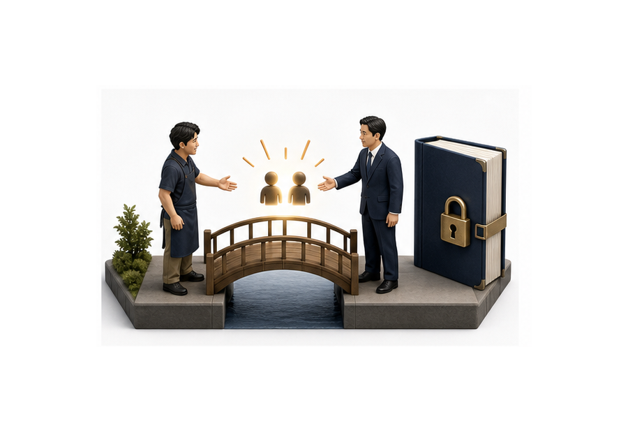 対話の橋で本部と加盟者が歩み寄る図