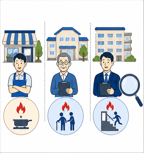 店舗と福祉施設と共同住宅で異なる防火ニーズを比較する図