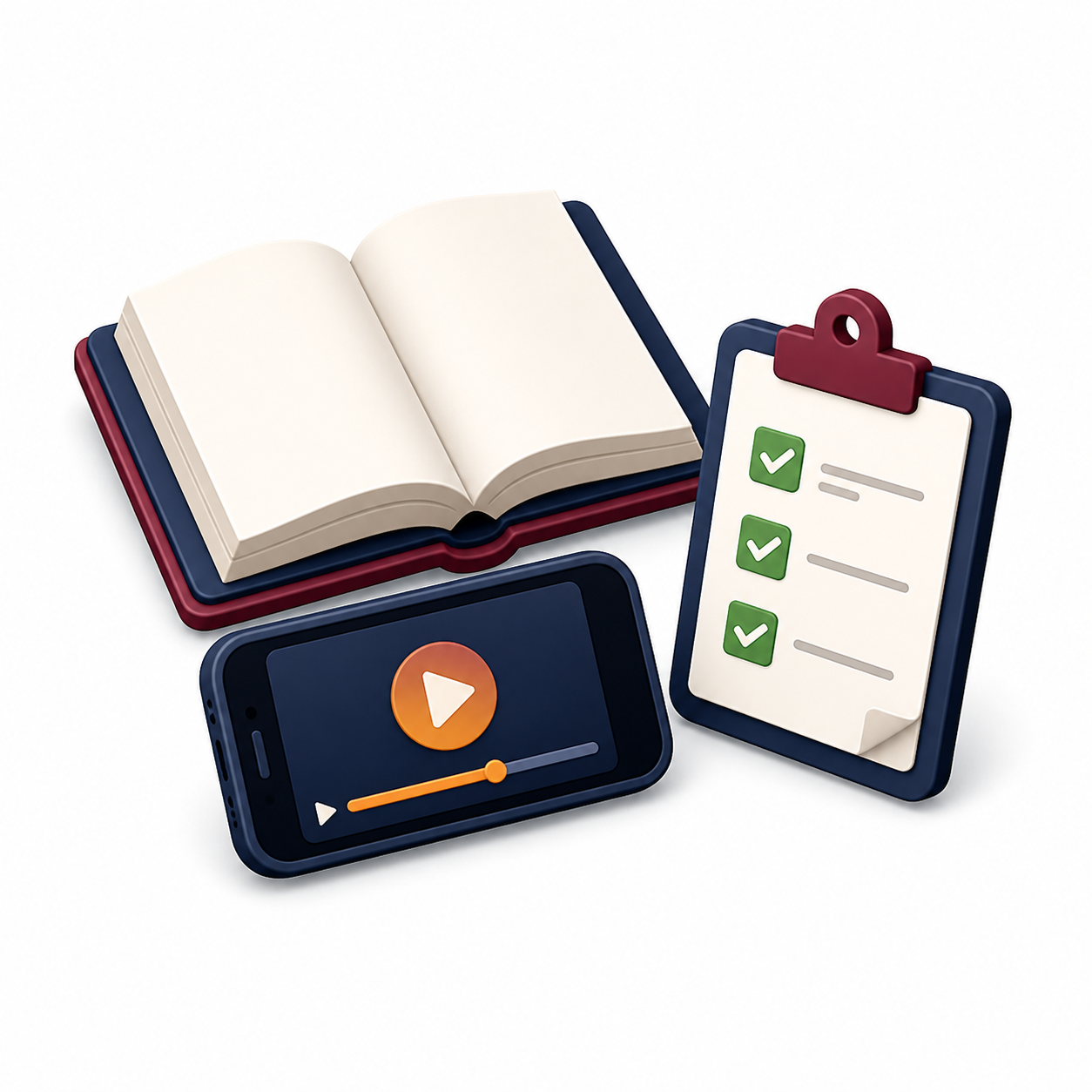 文章・動画・チェック表を使い分けるを表すアイソメトリックアイコン