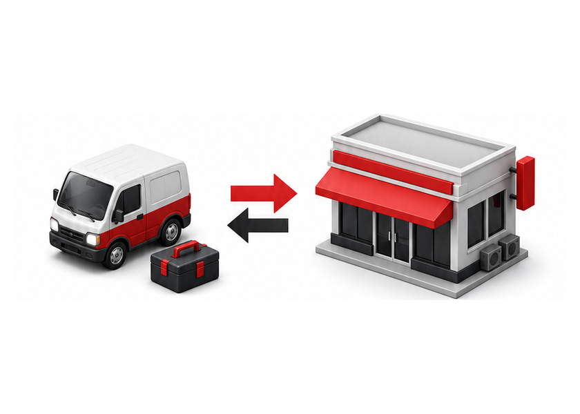 小型サービス車両と大型店舗の投資負担を比較する図