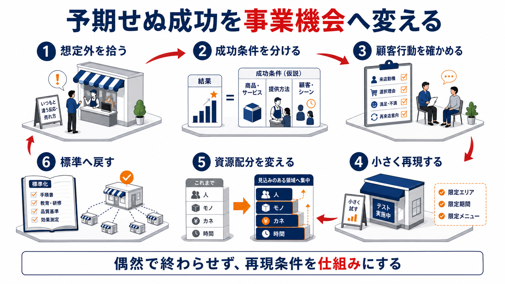 予期せぬ成功を事業機会へ変える６工程のインフォグラフィック