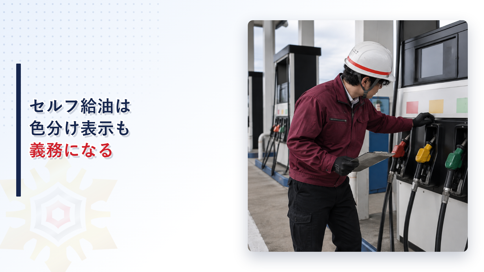 セルフ式給油取扱所で色分けされた給油ノズルの表示をクリップボードを持って確認する担当者の写真