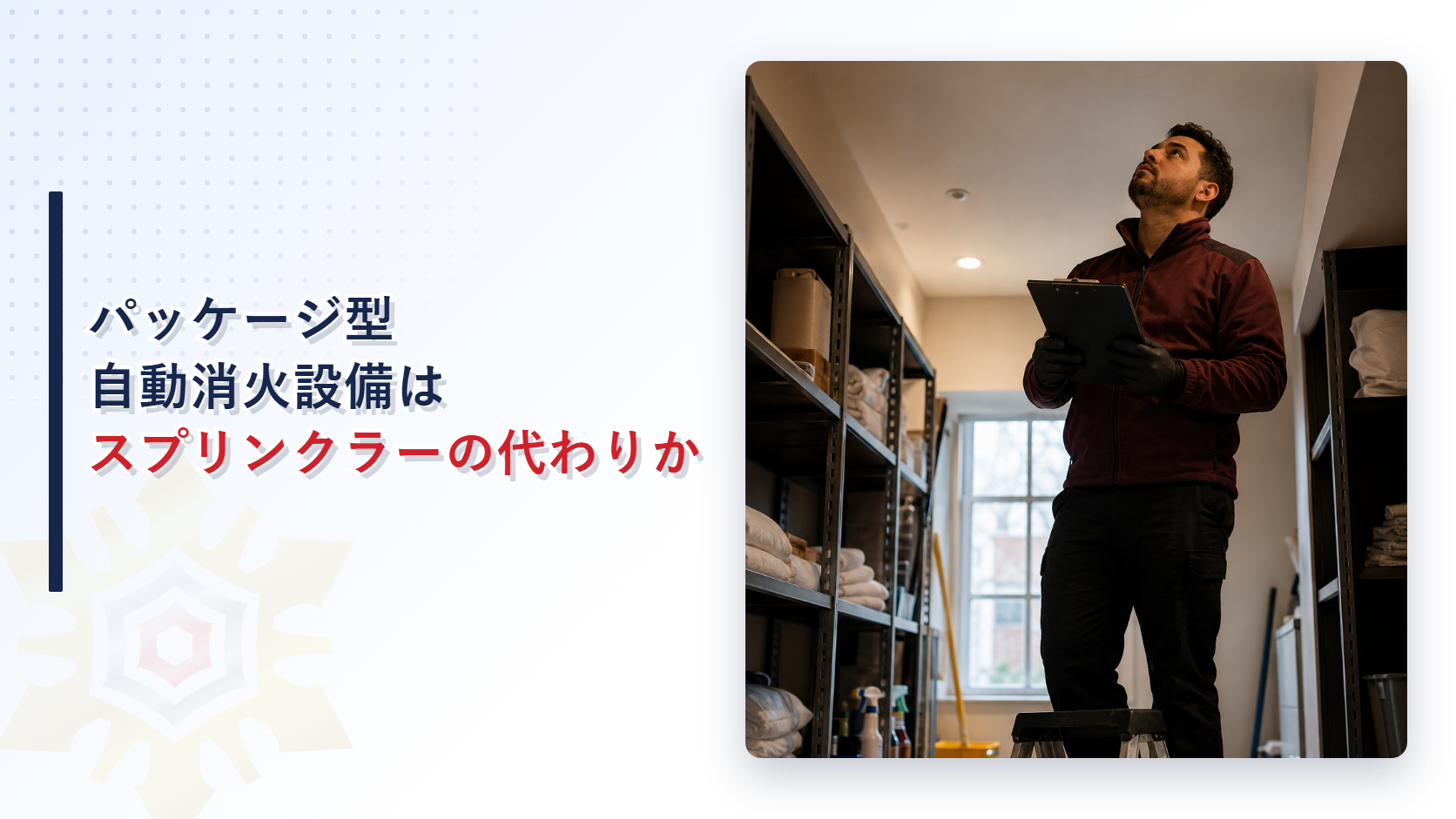 天井の自動消火装置を点検している技術者のイメージ