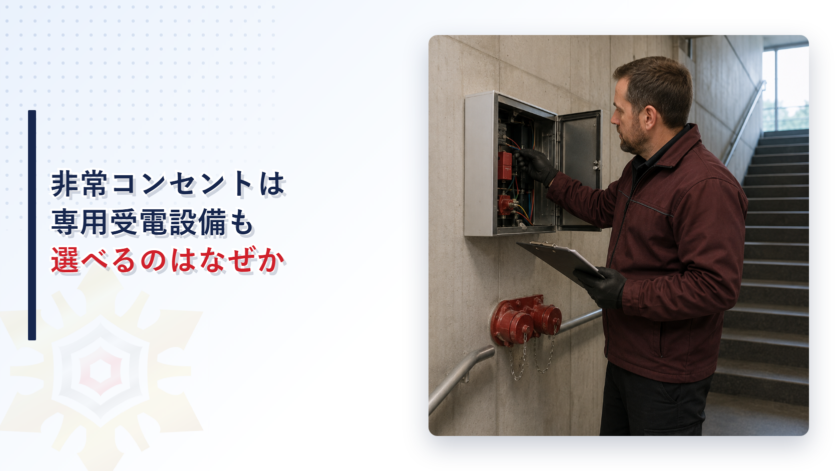 非常コンセントの配線を点検する作業員と非常電源盤の写真