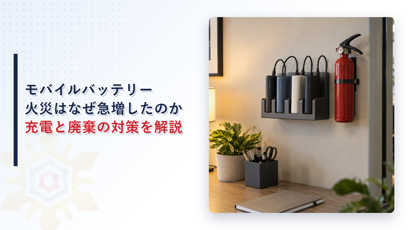 壁に設置されたモバイルバッテリーの充電ラックと消火器のあるオフィスの一角