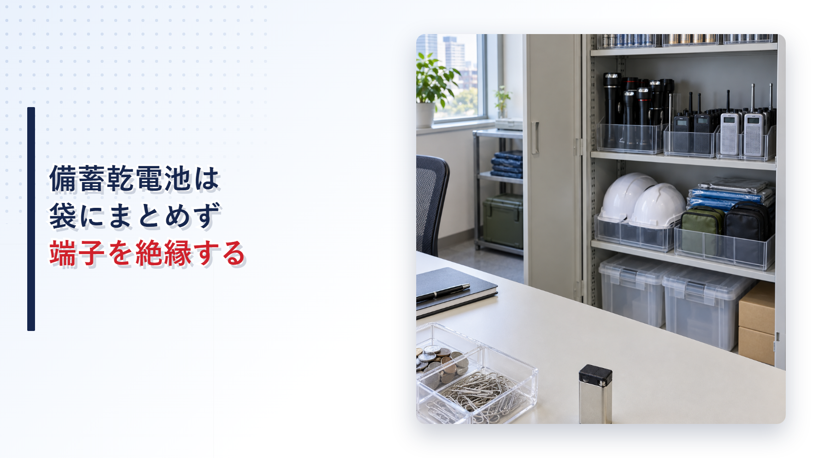 備蓄乾電池を種類別に整理し端子短絡を防ぐ保管場所