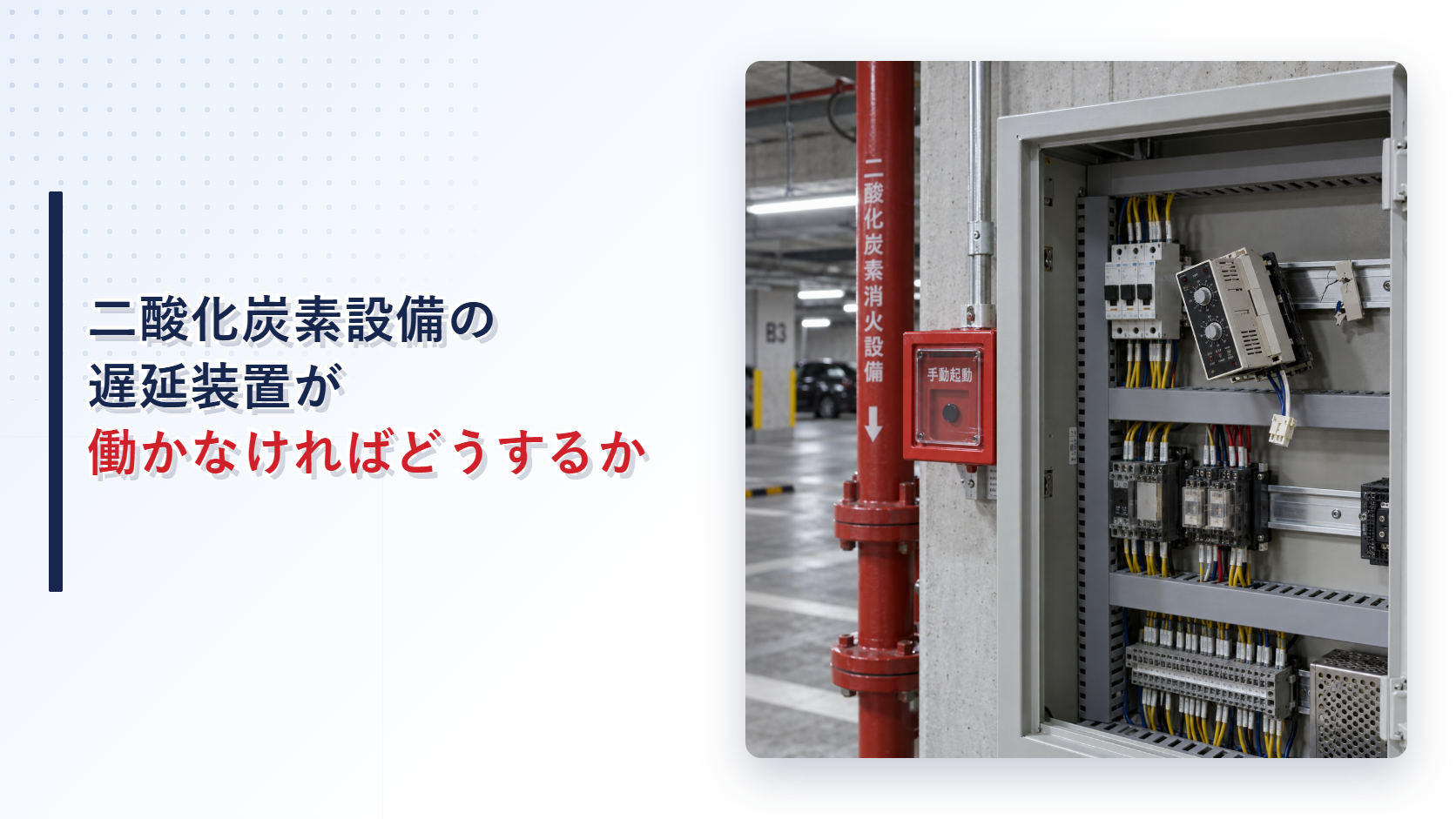地震後に外れた二酸化炭素消火設備の遅延装置を示すアイキャッチ