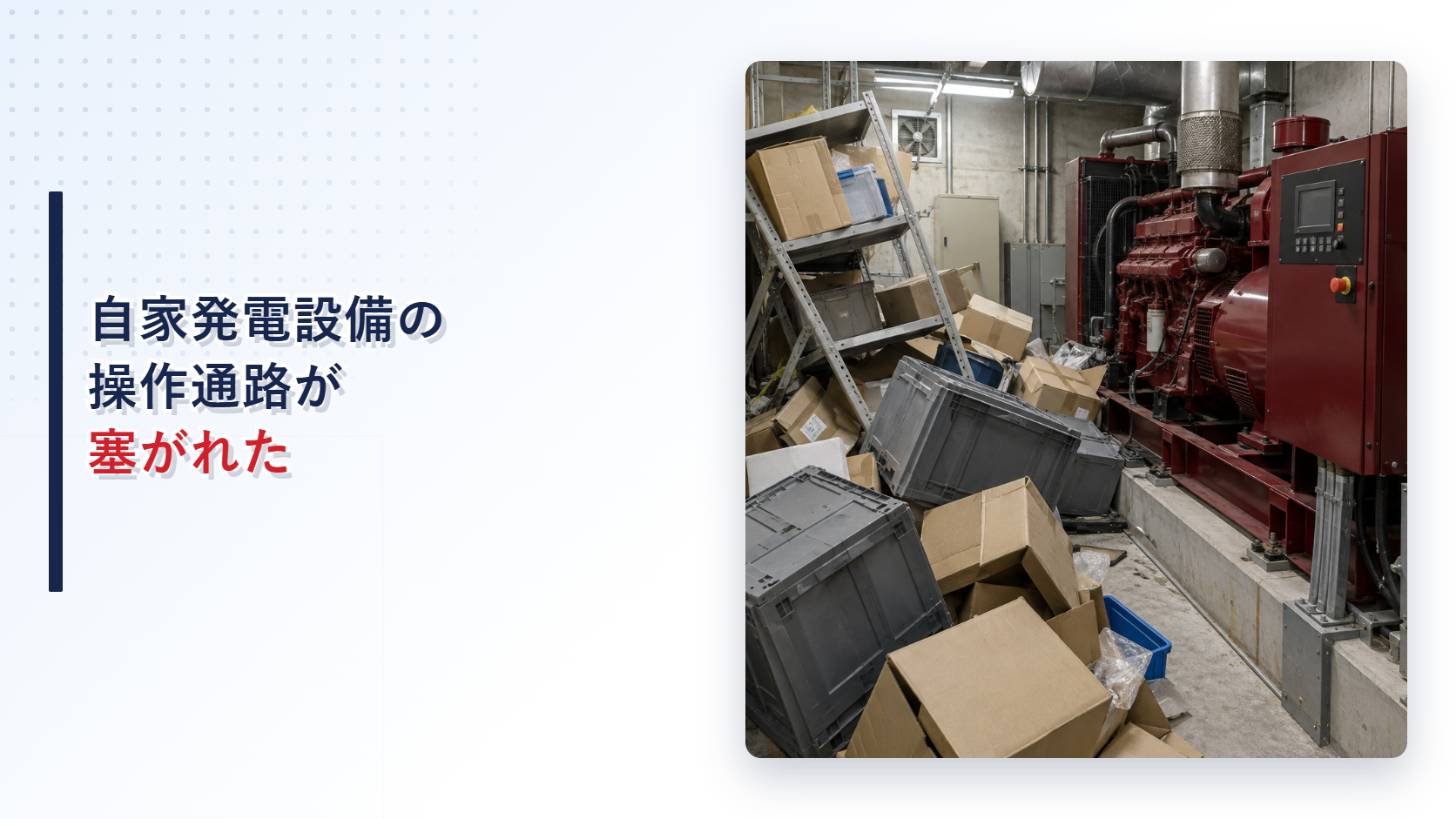 地震で荷物が倒れ自家発電設備の操作通路が塞がれた状態を示すアイキャッチ
