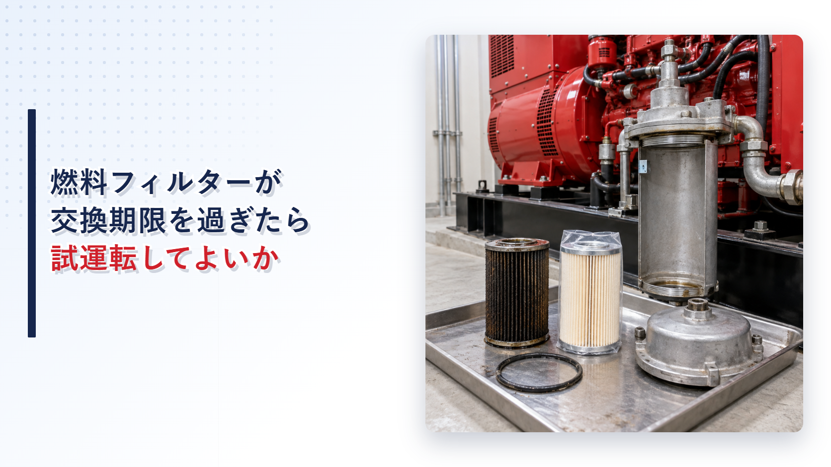 燃料フィルターの交換期限と新旧部品を示す自家発電設備のアイキャッチ