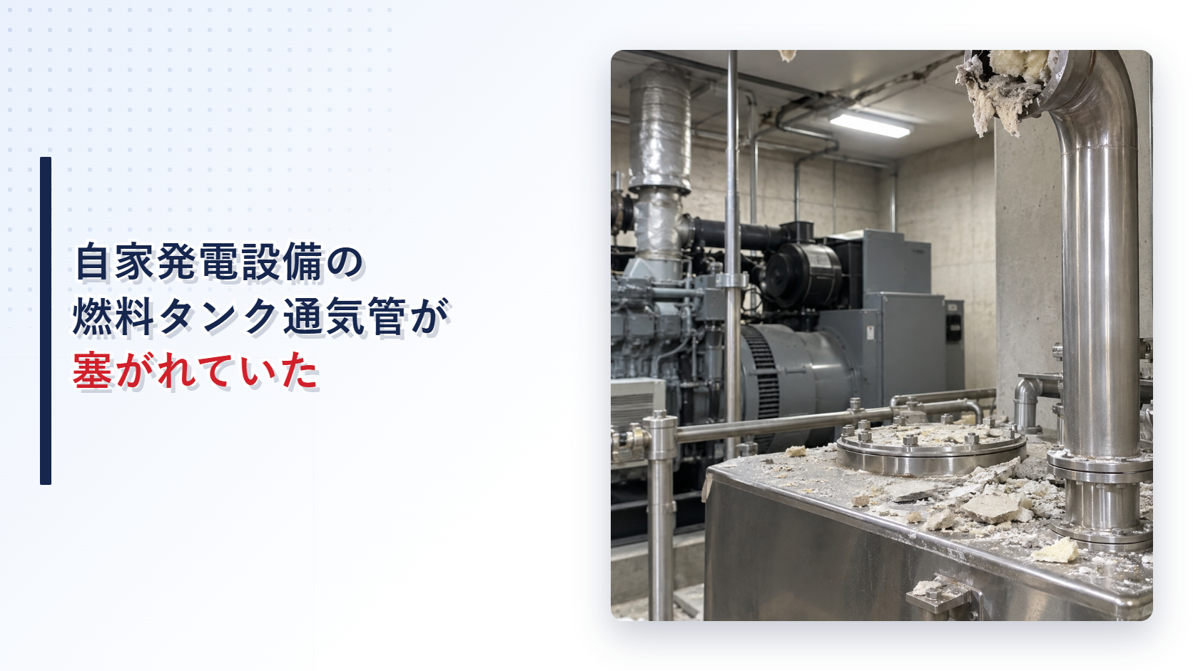 落下した断熱材で燃料タンク通気管が塞がれた自家発電設備のアイキャッチ