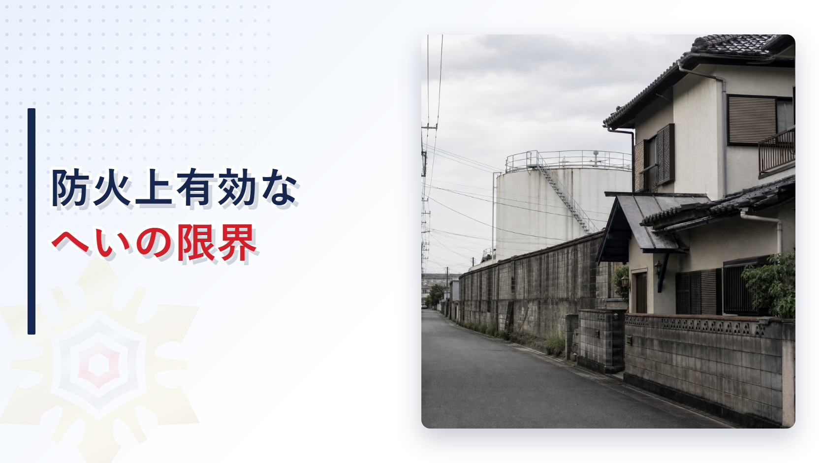 住宅街のブロック塀の向こうに屋外タンクが見える写真と防火上有効なへいの限界の文字