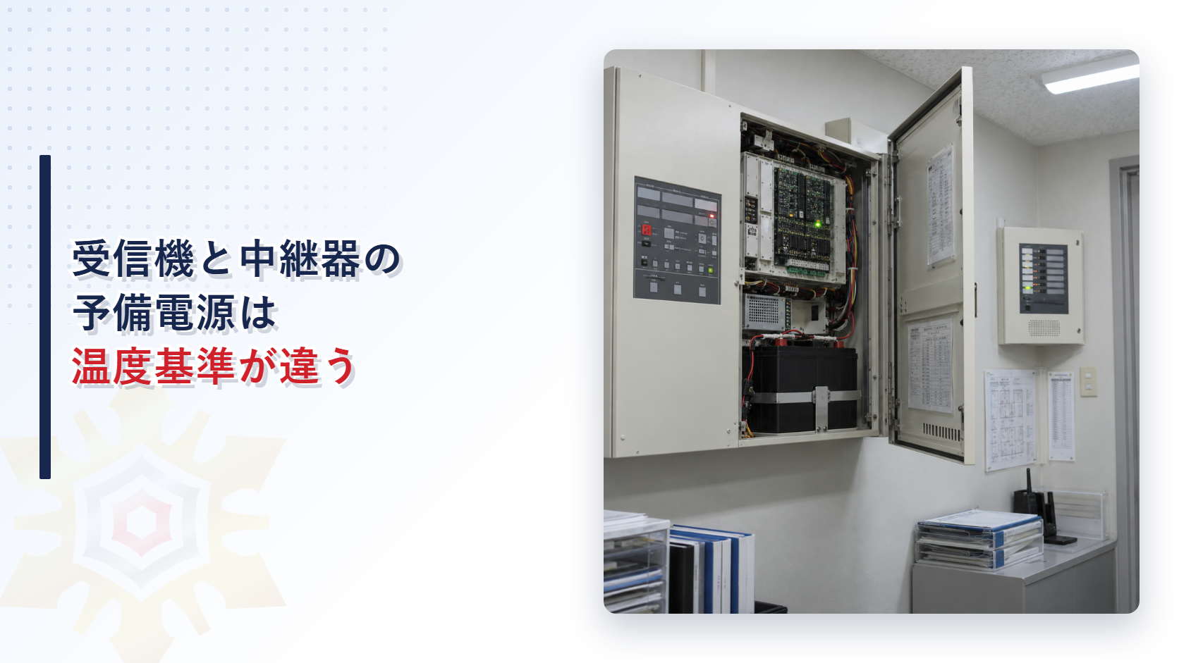 壁掛けの受信機パネルと中継器に内蔵された密閉型蓄電池