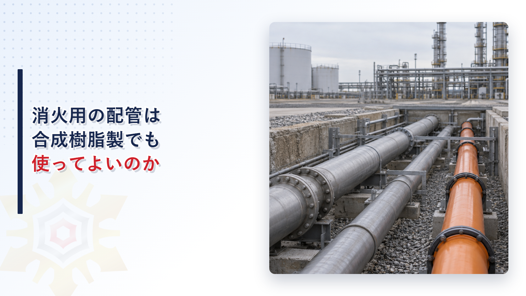 消火用の配管は合成樹脂製でも使ってよいのかを示すアイキャッチ画像