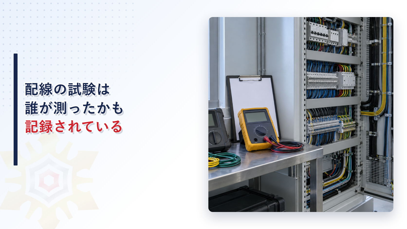 配線の試験結果報告書の測定機器とクリップボード