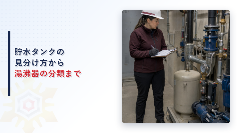 給排水設備の概要欄記入を確認する女性検査員のアイキャッチ画像