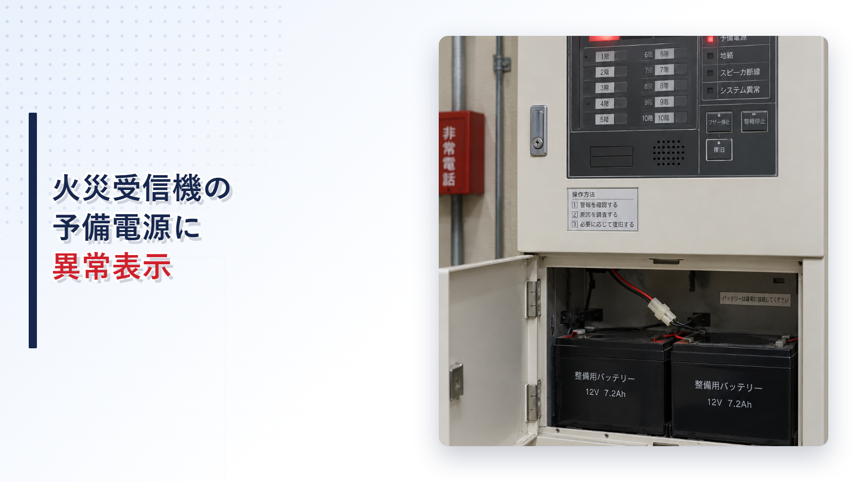 予備電源異常を示す火災受信機と蓄電池室を写したアイキャッチ