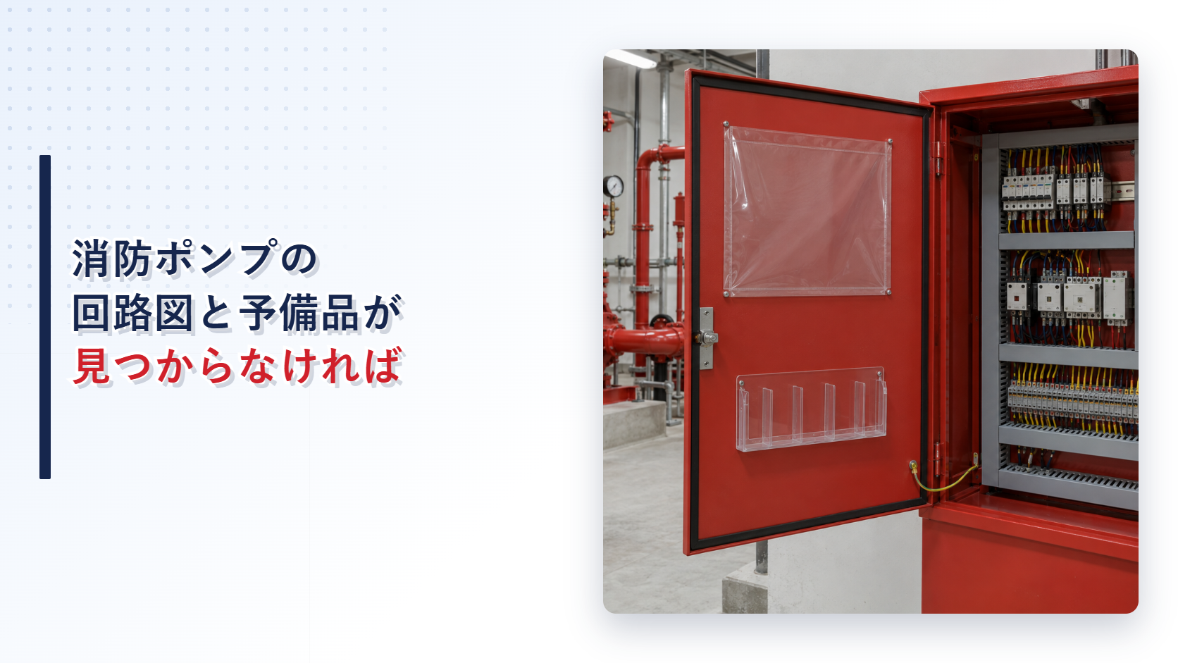 回路図の収納袋と予備品ホルダーが空の消防ポンプ制御盤を示すアイキャッチ
