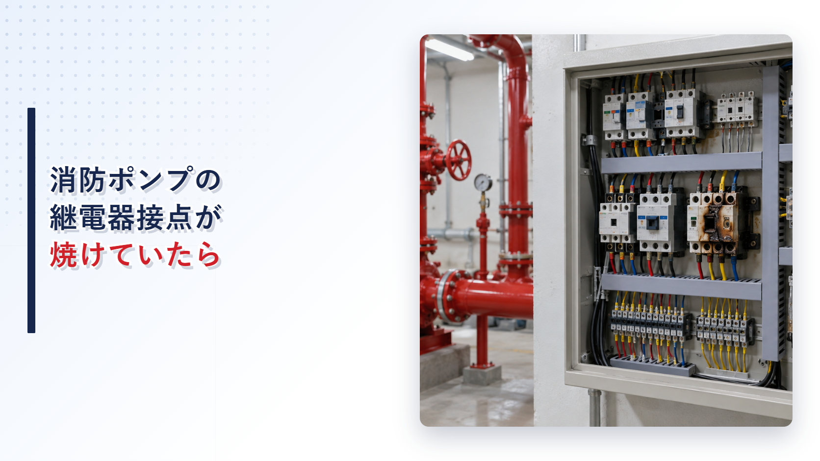 消防ポンプ制御盤内で焼損した継電器接点を示すアイキャッチ
