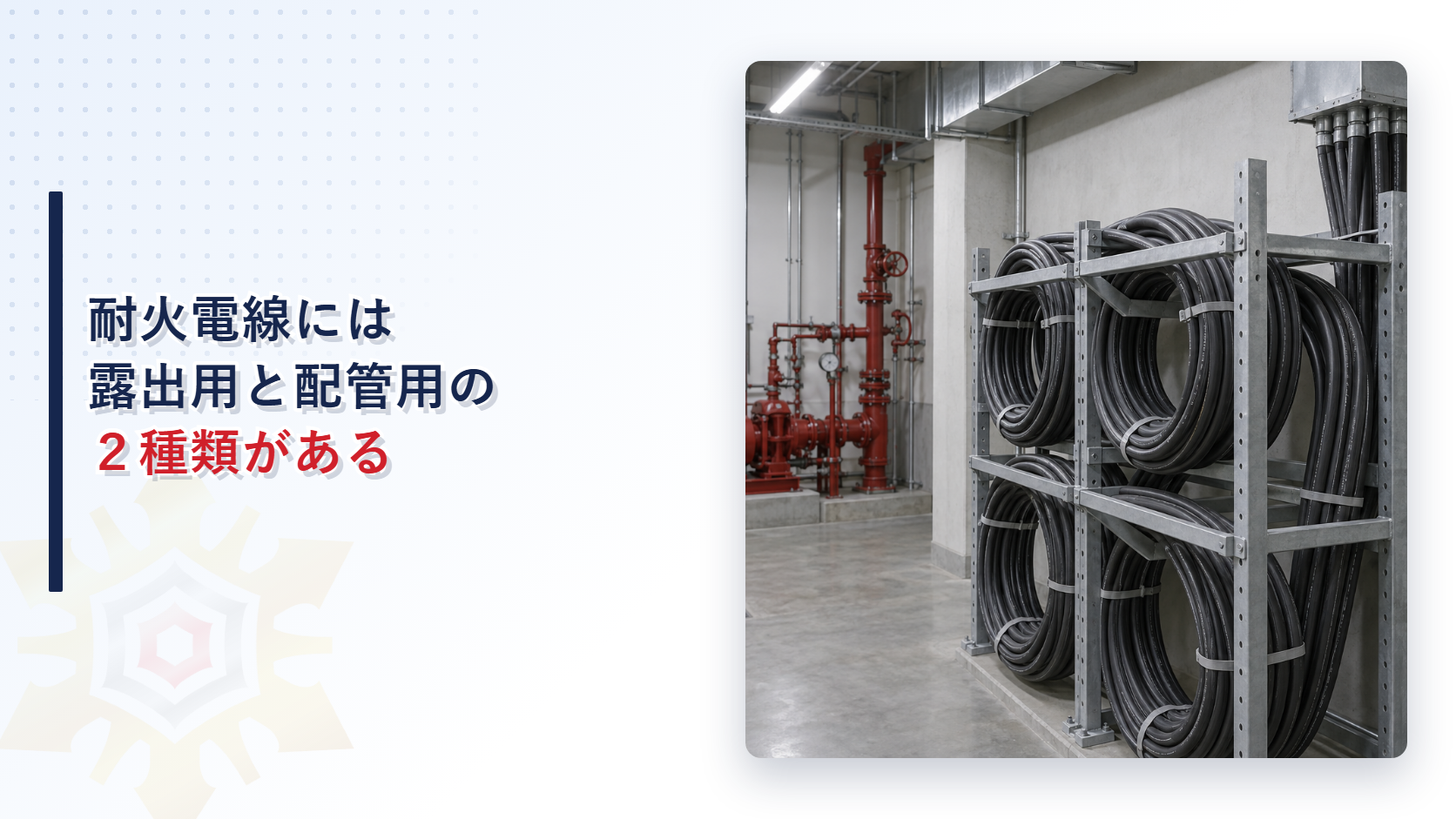 非常電源専用受電設備から屋内消火栓ポンプへ延びる耐火電線と金属配管