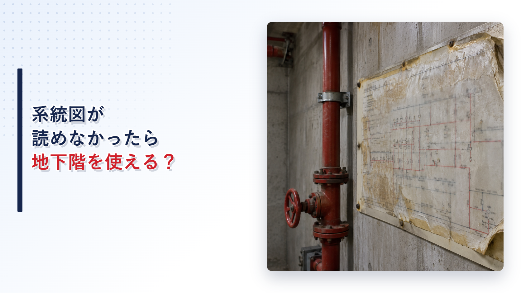 水濡れで読みにくくなった連結散水設備の系統図を示すアイキャッチ