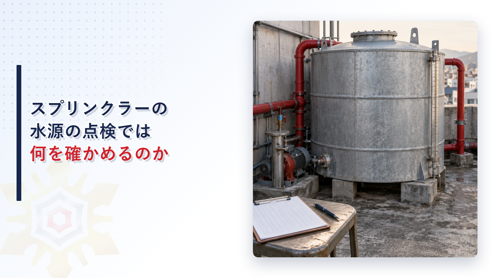 灰色の円筒形の大きな貯水槽に赤い消火配管とポンプが付いた建物の屋上の設備で、手前の丸椅子にクリップボードとペンが置かれた写真