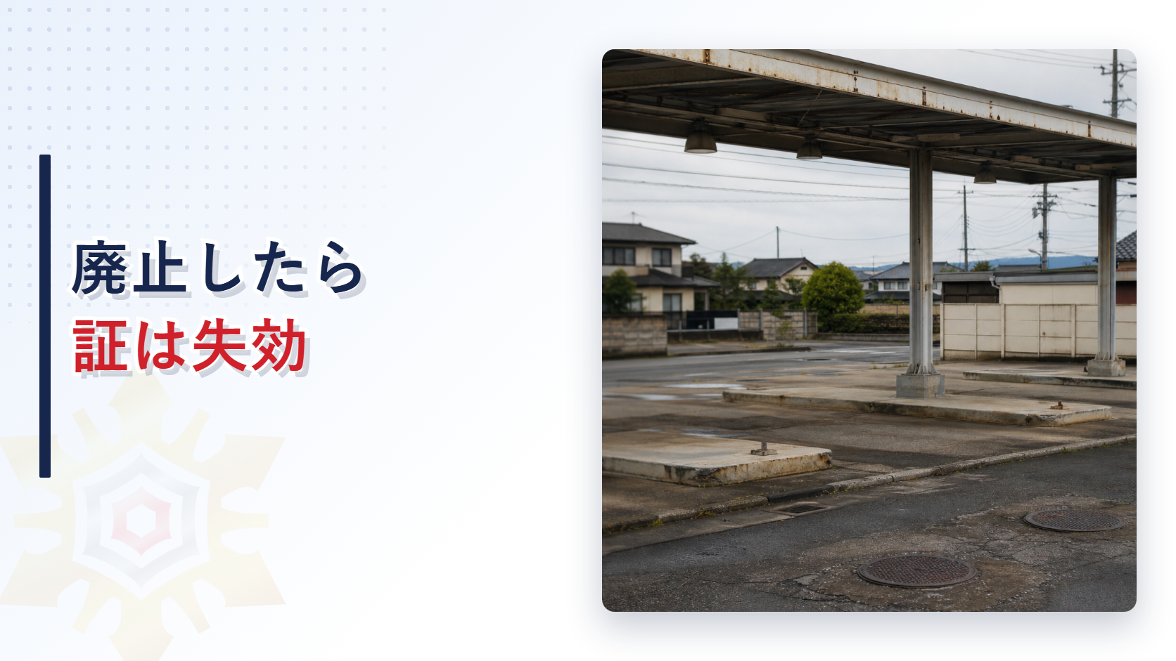 給油機が撤去された給油取扱所跡地の写真と廃止したら証は失効の文字