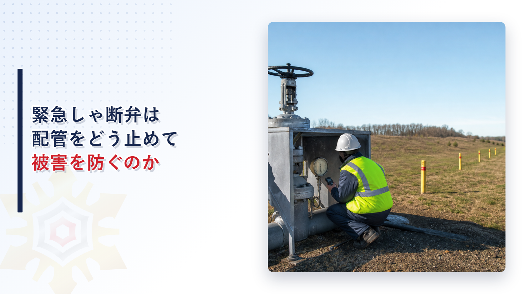 配管の弁室のそばで作業員が計器を確認している屋外の配管現場のイメージ