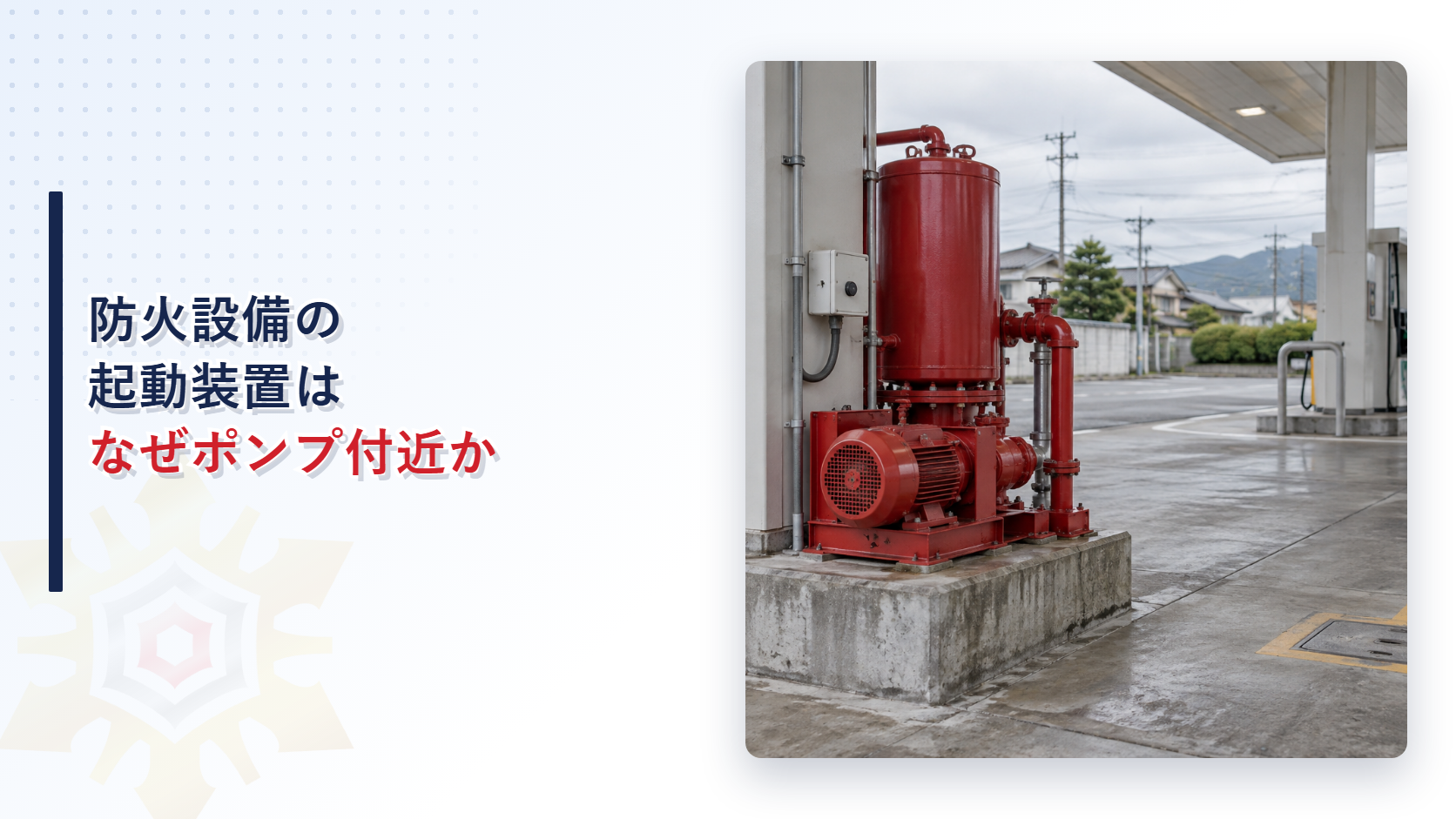 圧縮天然ガススタンドの防火設備であるポンプ機器が給油取扱所の建物脇に設置されている様子