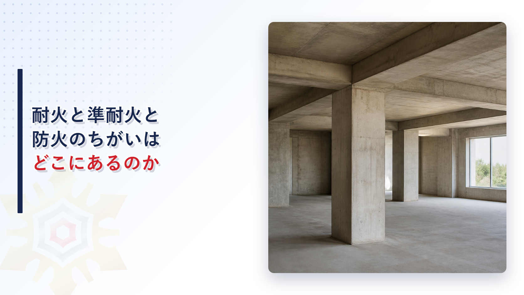 鉄筋コンクリートの柱とはりがあらわしになった建物内部の写真に耐火と準耐火と防火のちがいはどこにあるのかというタイトルを重ねたアイキャッチ画像