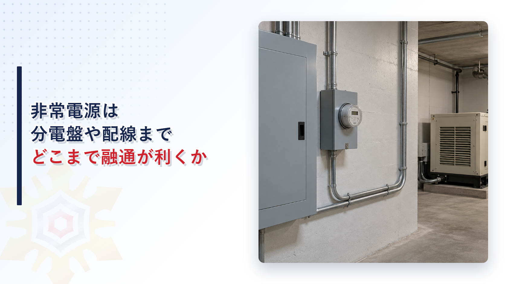 灰色の分電盤と電力計が壁に取り付けられ、奥に自家発電設備が置かれた電気室の写真