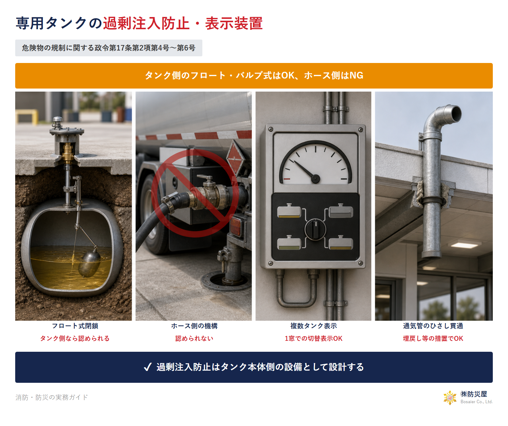 専用タンクの過剰注入防止・表示装置の図解