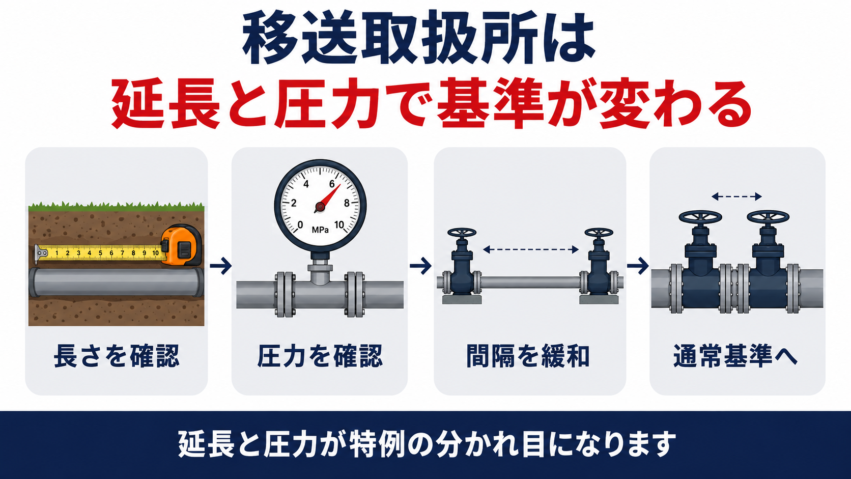 移送取扱所の特例を示す図解長さを確認圧力を確認間隔を緩和通常基準へ