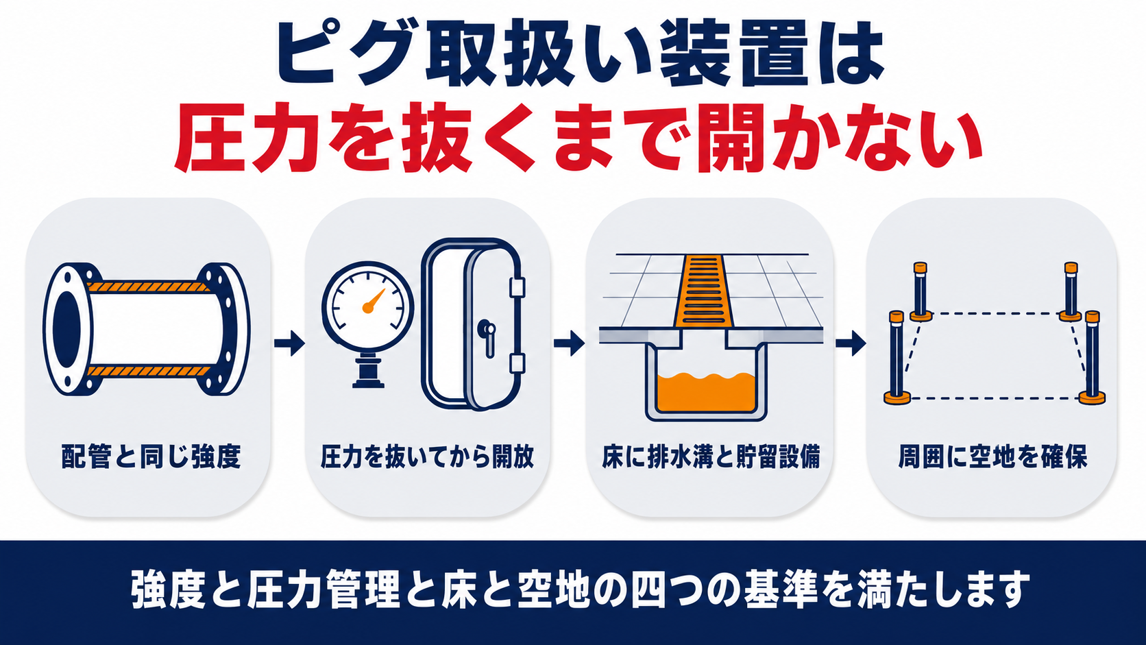 ピグ取扱い装置の強度圧力放出床構造空地確保を4ステップで示す図解