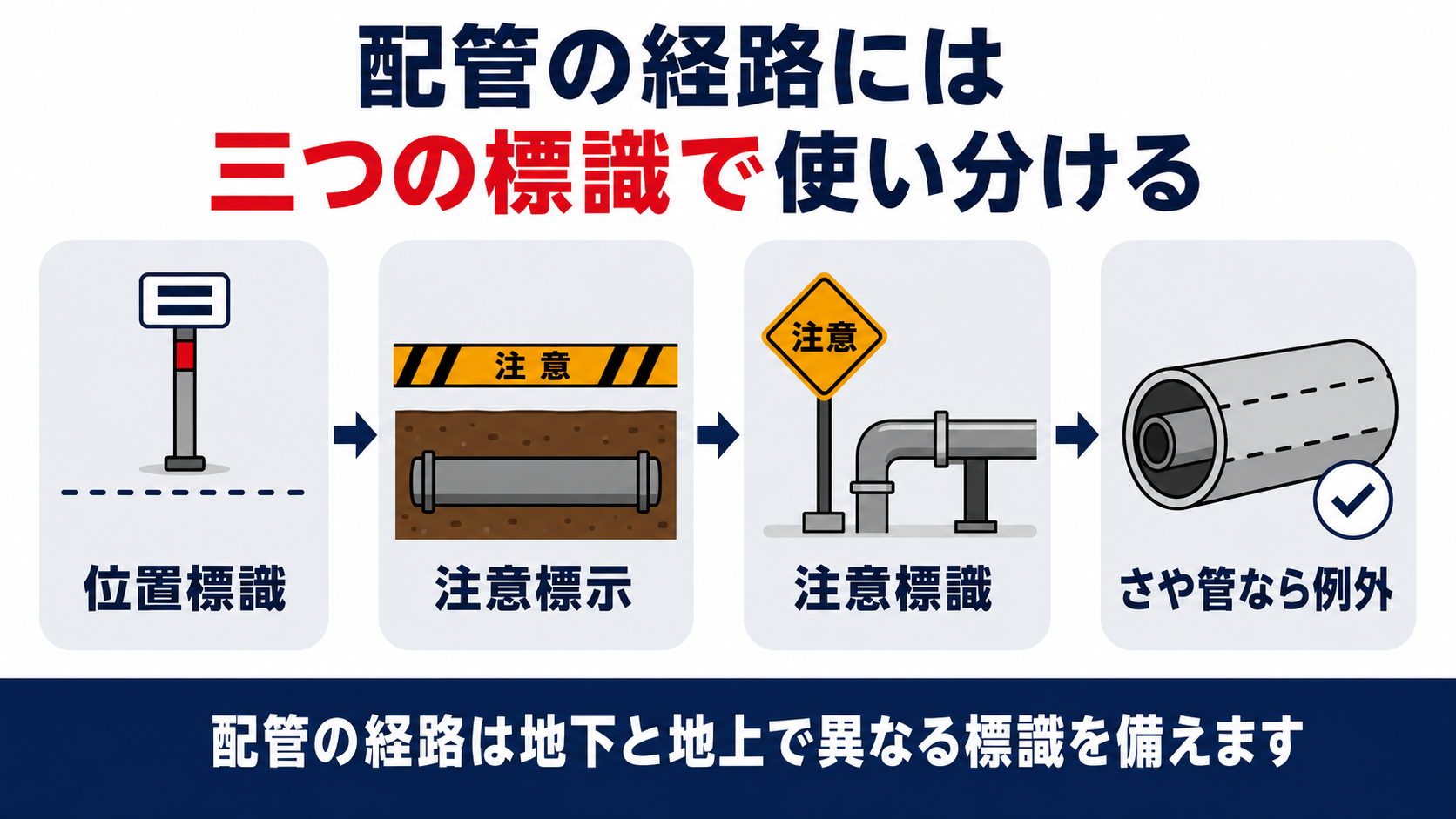 位置標識注意標示注意標識の三つの標識を4ステップで示す図解