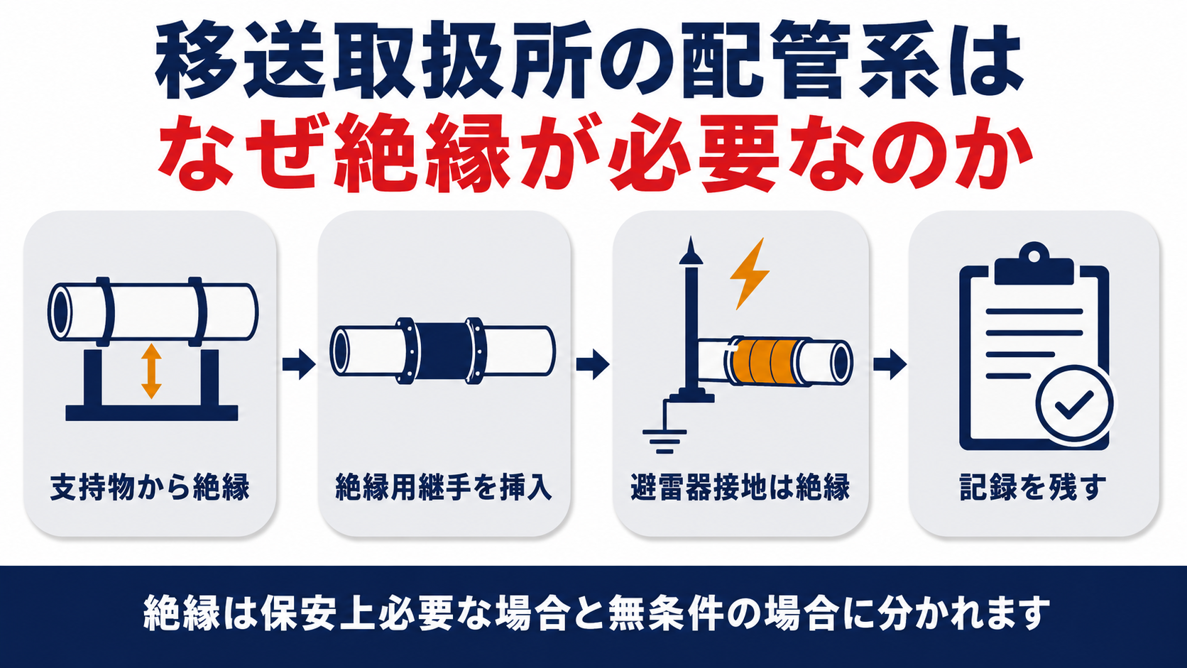 支持物から絶縁絶縁用継手を挿入避雷器接地は絶縁記録を残すの4ステップを示す図解