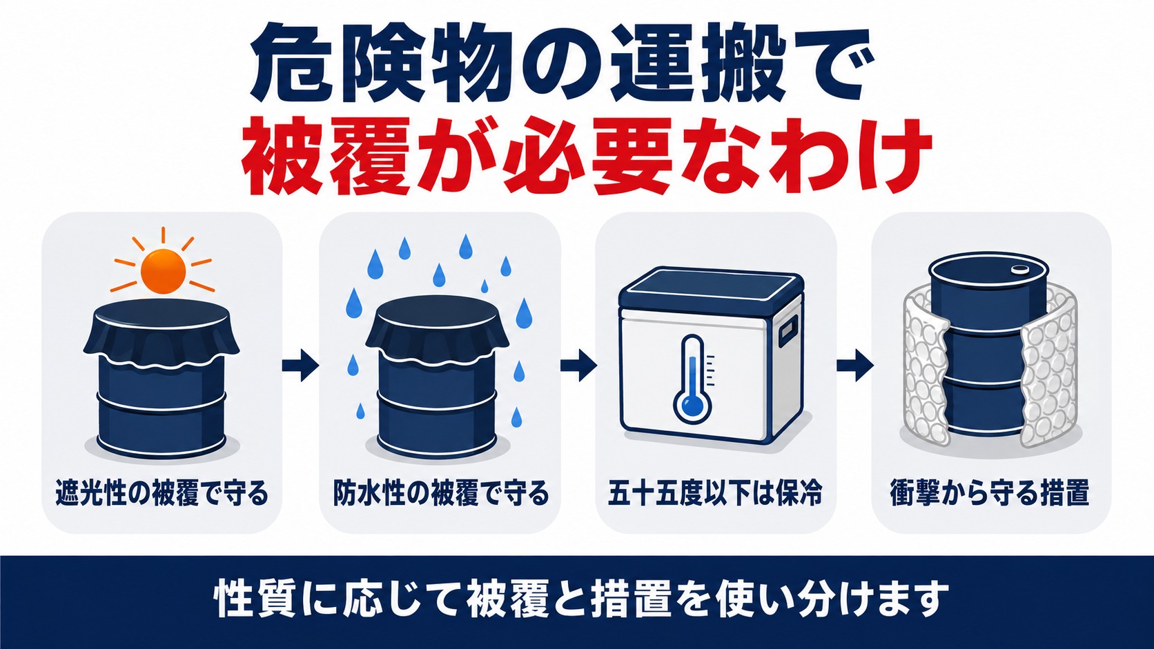 遮光性の被覆で守る防水性の被覆で守る55度以下は保冷衝撃から守る措置という図解