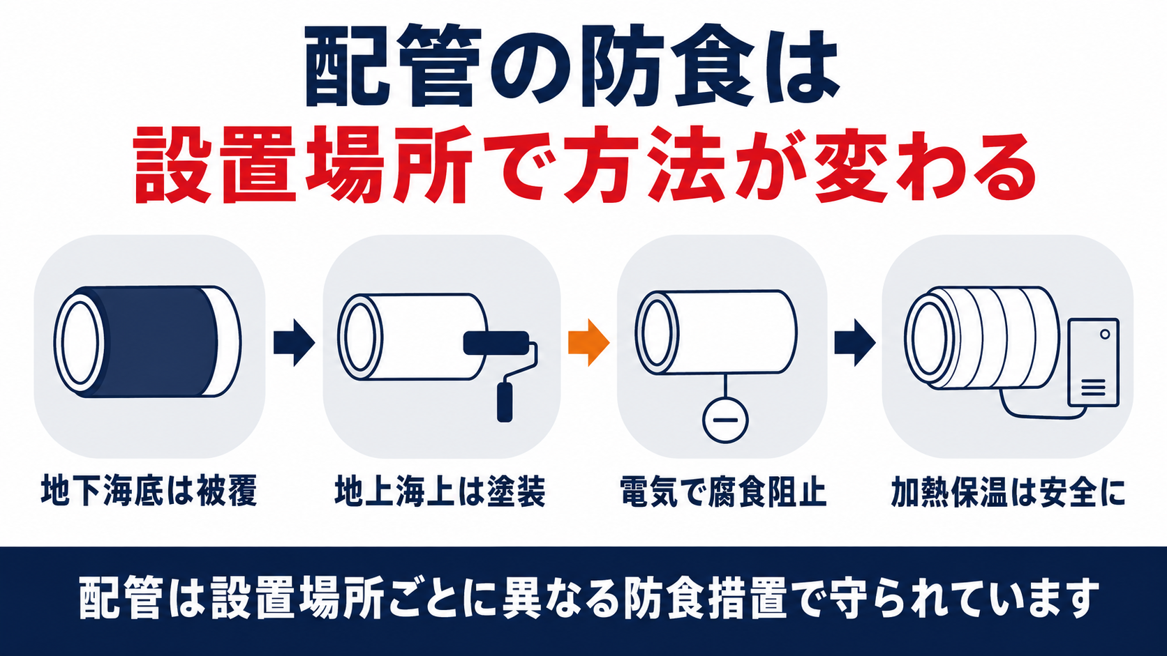 配管の防食は設置場所で方法が変わることを示す図解で地下海底は被覆地上海上は塗装電気で腐食阻止加熱保温は安全にの四つの手順を並べている