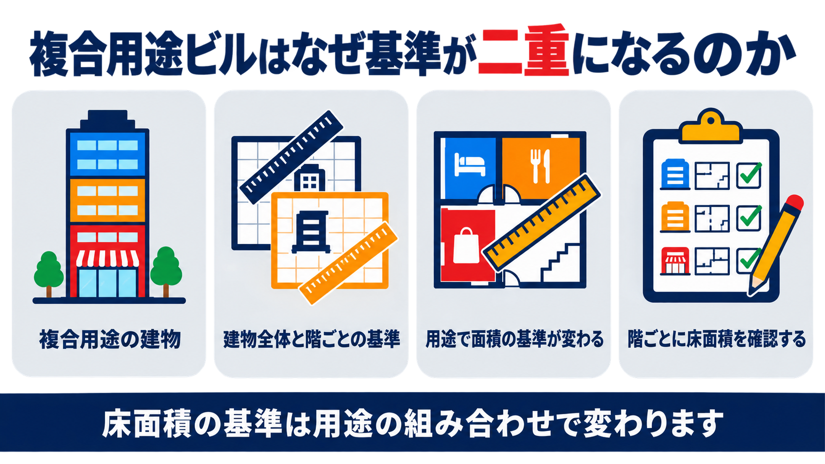 複合用途ビルのスプリンクラー基準が建物全体の合計と階ごとの床面積という二つの物差しで重なって決まる仕組みを示した図解