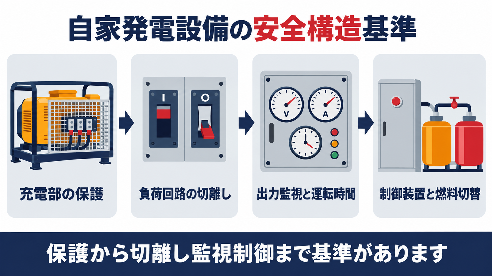 自家発電設備の安全構造基準を充電部の保護から燃料切替まで4つの段階でまとめた図解
