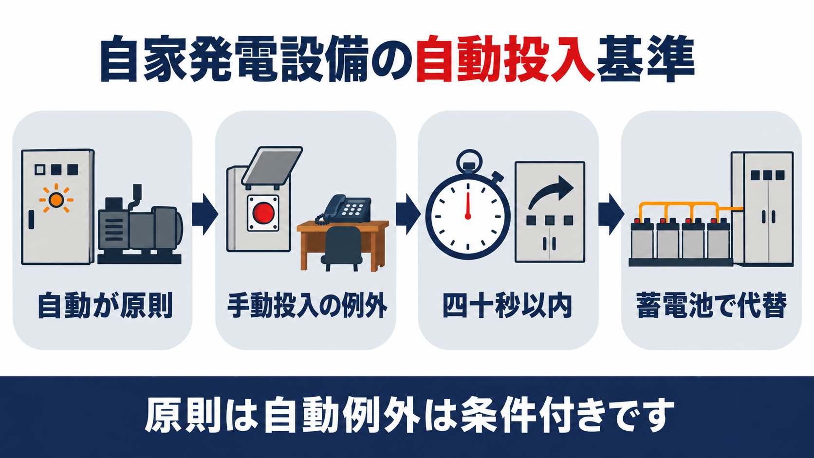 自家発電設備の自動投入基準を自動が原則手動投入の例外四十秒以内蓄電池で代替の４段階でまとめた図解