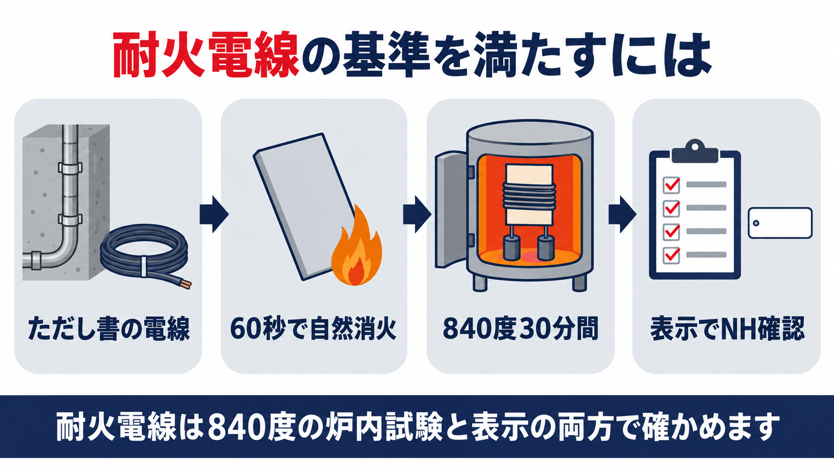 耐火電線の基準をただし書の電線一般性能小型加熱炉耐火試験表示確認の4段階でまとめた図解