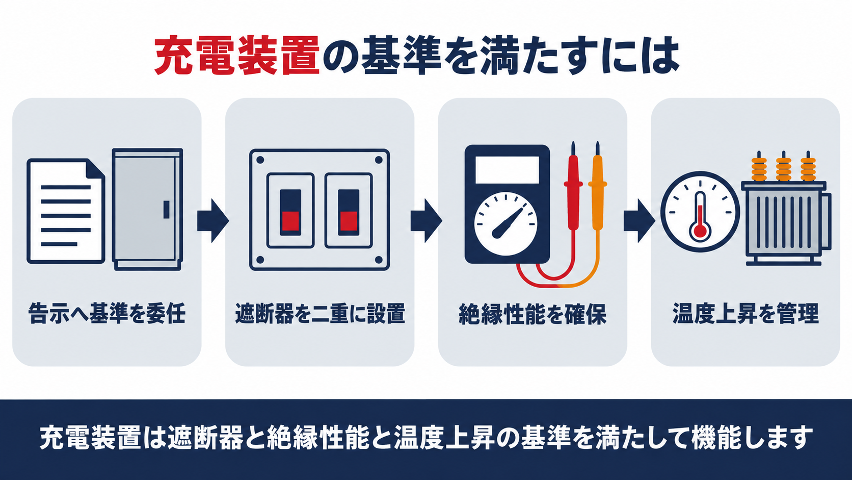 充電装置の基準を告示への委任遮断器の二重設置絶縁性能の確保温度上昇の管理の4段階でまとめた図解