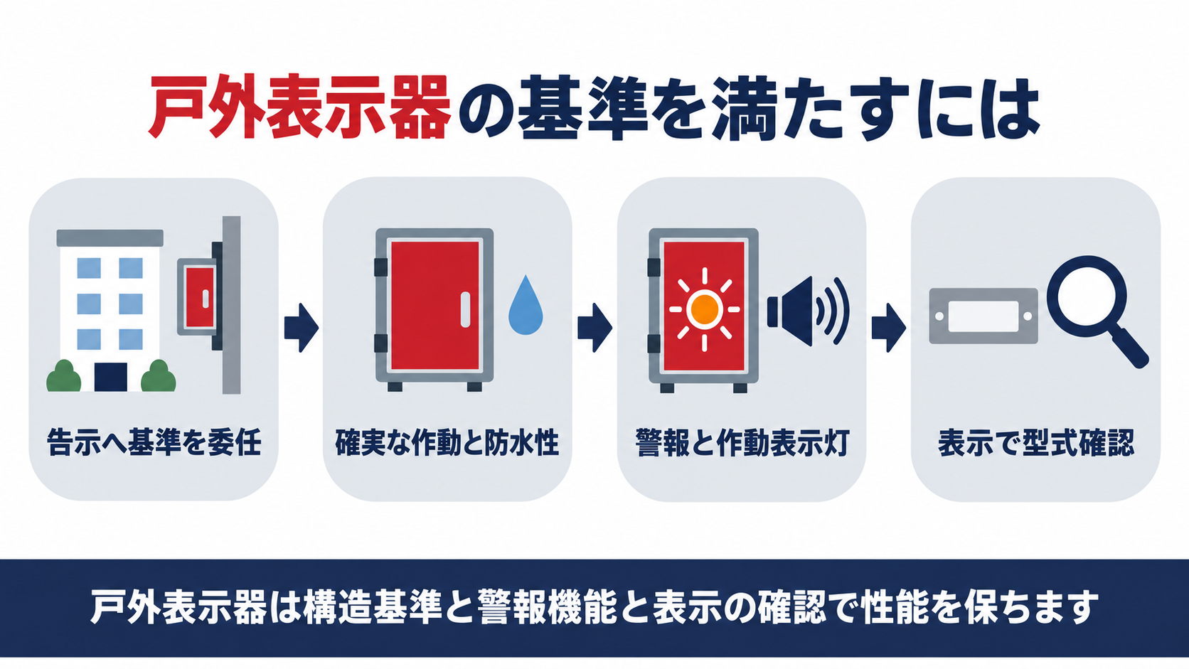 戸外表示器の基準を告示への委任構造構造性能警報と作動表示灯表示確認の４段階でまとめた図解