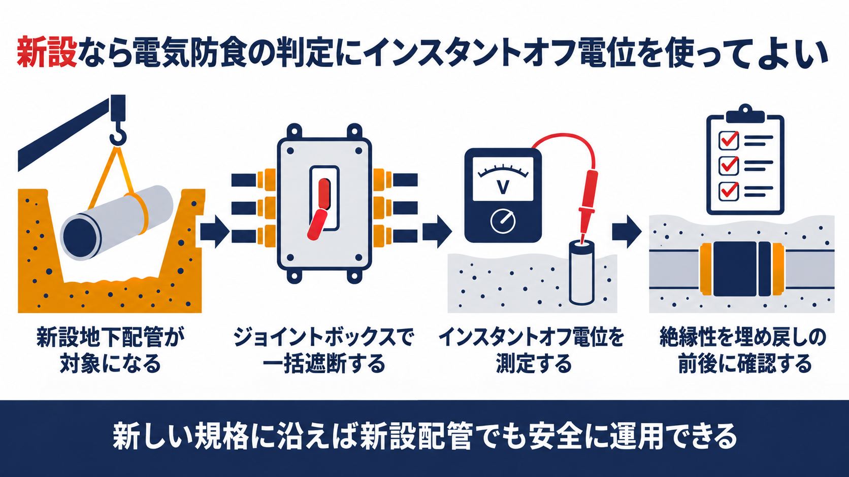 新設なら電気防食の判定にインスタントオフ電位を使ってよい流れを示す図解