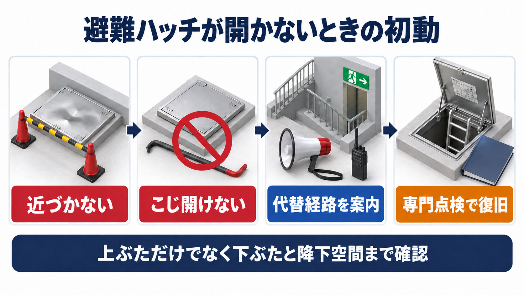 避難ハッチが開かないときの四段階対応を示すインフォグラフィック