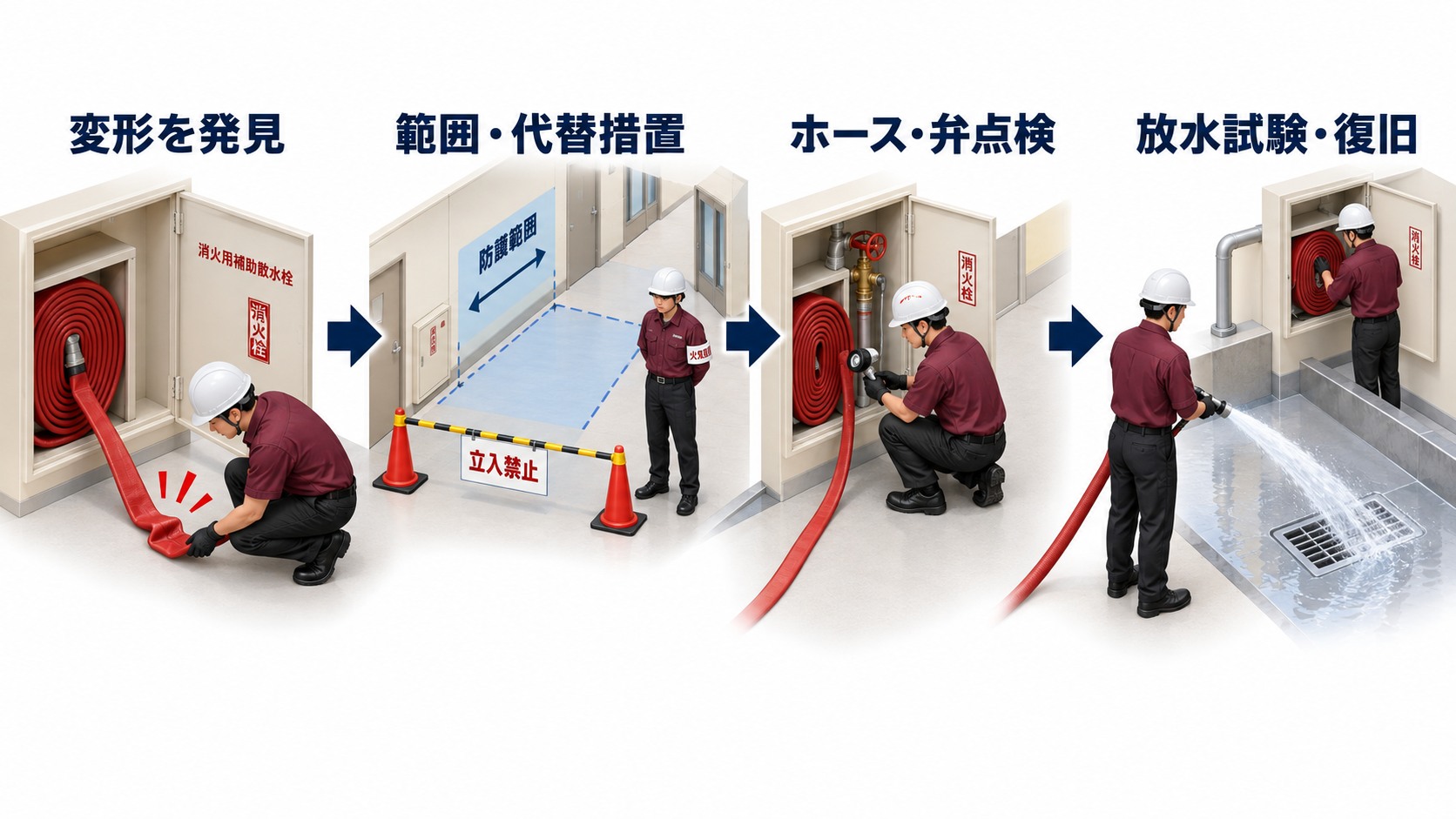 補助散水栓のホース変形を発見して範囲確認と代替措置と専門点検と放水試験から復旧へ進む横長インフォグラフィック