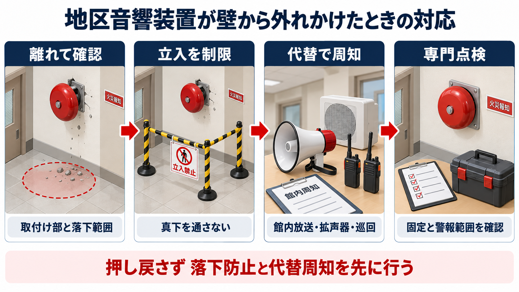 地区音響装置が壁から外れかけたときの四段階対応を示すインフォグラフィック