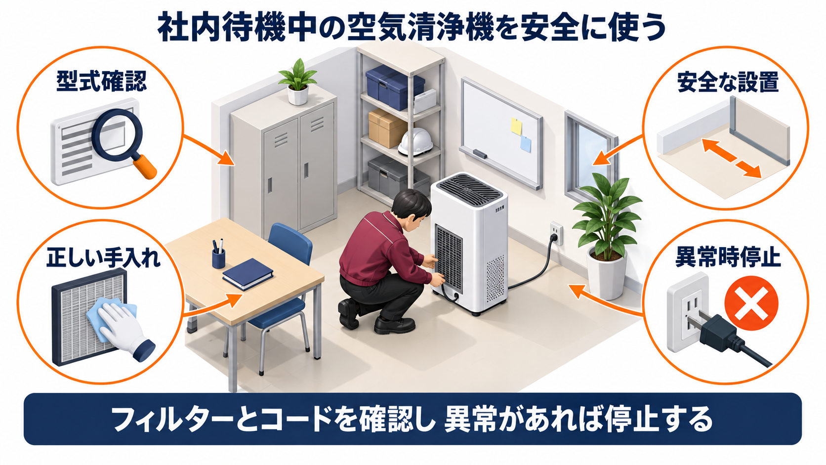 社内待機中の空気清浄機について機種確認と安全な設置と正しいフィルター手入れと異常時停止を示す中央一場面のアイソメ図