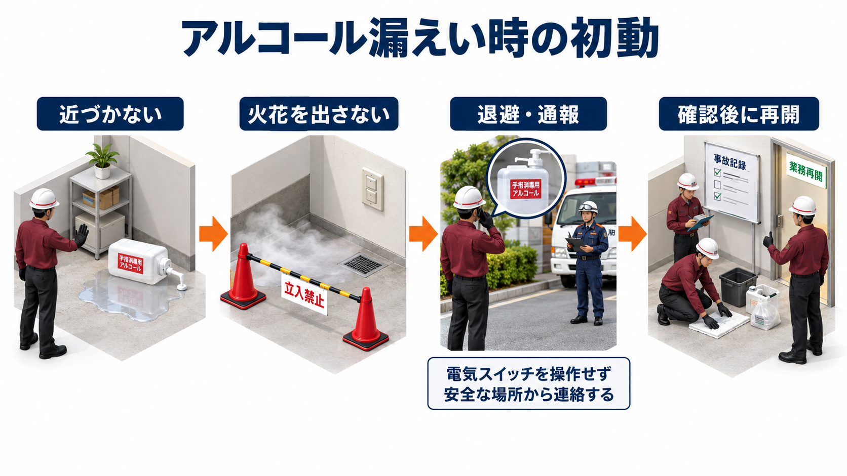 アルコール漏えい場所に近づかず電気スイッチを操作せず安全な場所から通報して確認後に再開する流れのアイソメ図